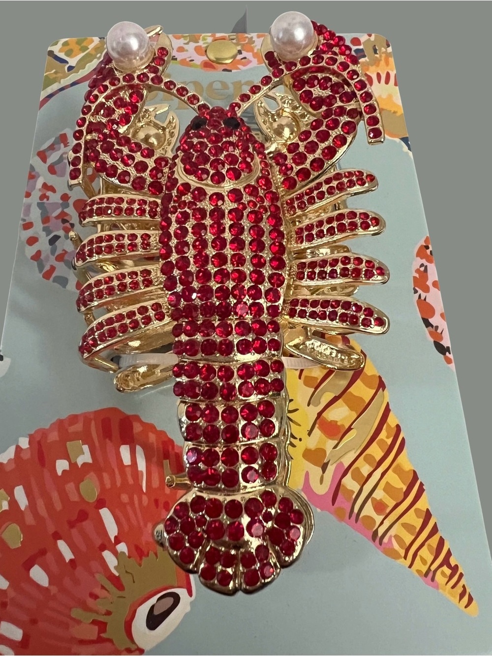 Red Rhinestone Lobster Hair Clip / Claw - Gold Tone